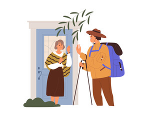 Obraz premium Mother sees adult son off. Man hiker going hiking, trekking on holiday, leaving home, waving with hand to old parent, standing on porch of house. Flat vector illustration isolated on white background