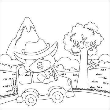 Cute little monkey driving a car go to forest funny animal cartoon,  Trendy children graphic with Line Art Design Hand Drawing Sketch Vector illustration For Adult And Kids Coloring Book.