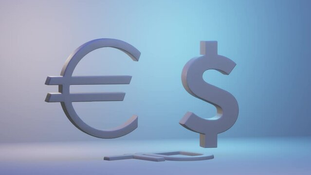 Graphic animation. Signs of euro and dollar currencies are trying to drive sign of Russian ruble into ground. Concept of economic sanctions and weakening of Russian economy.