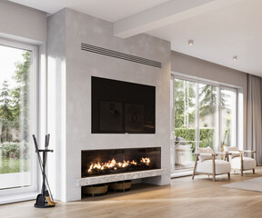Fototapeta premium Digitally generated image of a living room. Fireplace in modern design living room with large glass doors to the garden.. 3d rendering