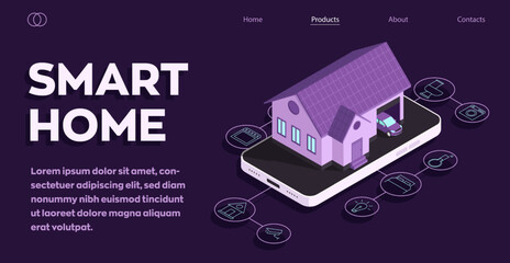 Smart home technology conceptual banner. Building connected with icons of domestic smart devices. Vector illustration concept of System intelligent control house on purple background. IOT