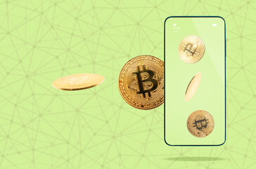 E-commerce and apps. Golden bitcoins sending to smartphone. Bright green background with digital mesh. Concept of cryptocurrency and virtual trade