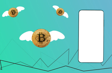 Cryptocurrency. Smartphone with a mock up and flying bitcoin. Green background with chart. Copy space. Concept of exchange, stock market and investment