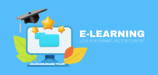 E-learning concept. Studying design with computer, graduate cap, win achieve stars and autumn leaves.