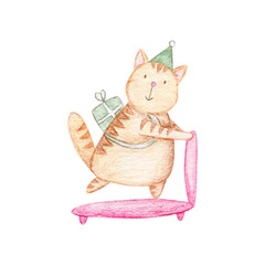 Fototapeta premium Red cat in a cap with present on the kick scooter. Happy Birthday watercolor card on white background