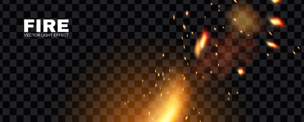 Fire. Transparent light effect with flying sparkls. Light moition.