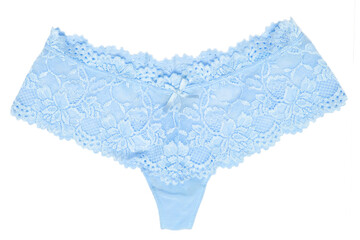 Underwear woman isolated. Close-up of a luxurious elegant sexy blue lacy thongs panties isolated on a white background. Underwear fashion. Front view.