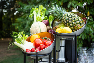 Fresh fruit and vegetables for healthy juices and aperitifs. Baskets of fruit and vegetables for a...