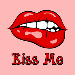 Woman biting her lips. Kiss Me. Vector illustration.