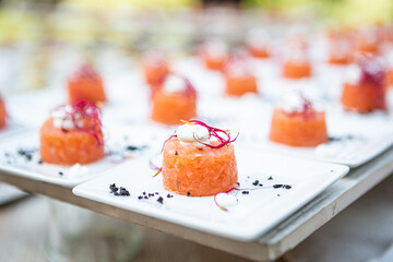 Salmon roll served at a wedding buffet. Finger food served on a white background