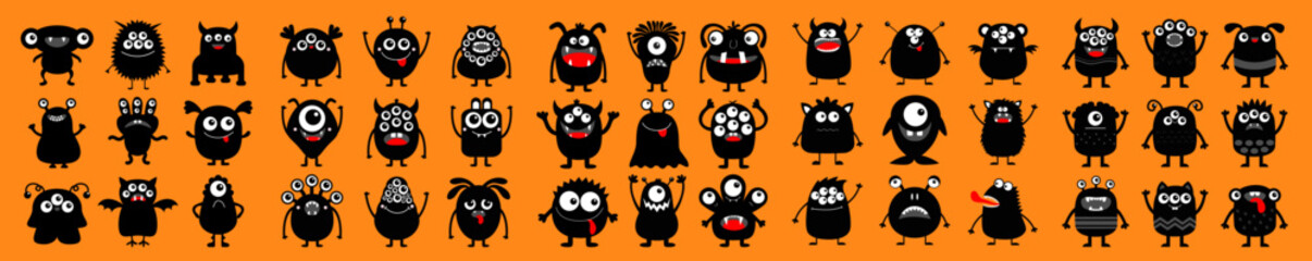 Monster super big icon set. Happy Halloween. Cute cartoon kawaii baby character. Funny head face black silhouette. Hands up, down. Eyes teeth horn fang tongue. Flat design. Orange background.