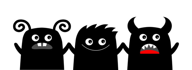 Monster icon set line holding hands. Happy Halloween. Cute cartoon kawaii baby character. Funny face head black silhouette. Eyes teeth fang tongue fur. Flat design. White background.
