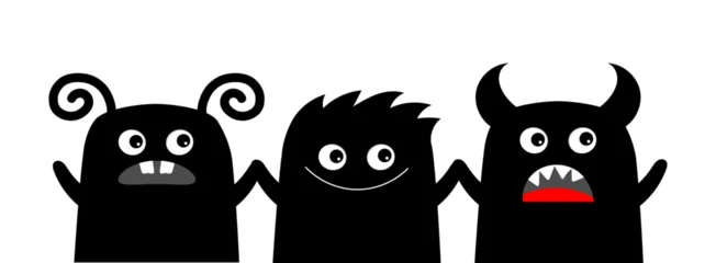 Fotobehang Monster icon set line holding hands. Happy Halloween. Cute cartoon kawaii baby character. Funny face head black silhouette. Eyes teeth fang tongue fur. Flat design. White background. © worldofvector