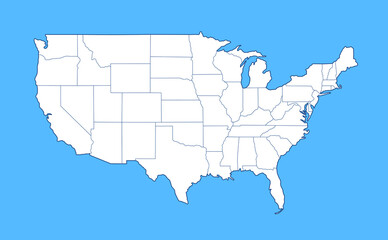 United States of America map in white style isolated on blue background. Vector illustration..