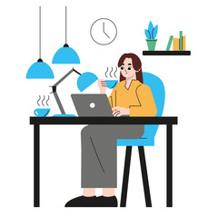 Home office concept, woman working from home, student or freelancer. Cute vector illustration in flat style