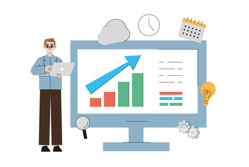 Office Worker in Blue Smart Suit, Presenting Current State of Affairs Report, Containing Pie Diagrams and Column Graphs, Explaining Points at Issue, Clarifying Them and Illustrating by Examples