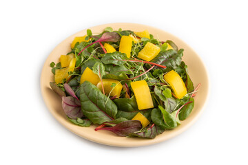 Vegetarian salad of yellow pepper, beet microgreen sprouts isolated on white. Side view, close up.