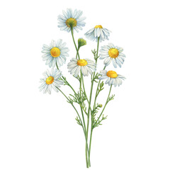 Bouquet with white chamomile flowers (Matricaria chamomilla, kamilla, scented mayweed, whig plant, mother's daisy).  Watercolor hand drawn painting illustration, isolated on white background.