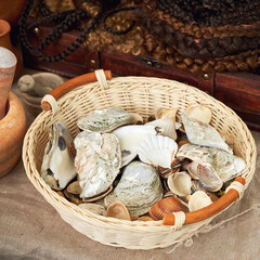 Ancient Roman cosmetics, retro perfume and vintage bath accessories. Reconstruction of events in...