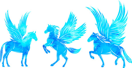 silhouette pegasus blue watercolor on white background isolated