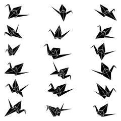 Set of origami crane vector silhouette illustration icon isolated on white background. Japanese traditional origami crane for infographic, website or app. Geometric line shape for art of folded paper. - obrazy, fototapety, plakaty