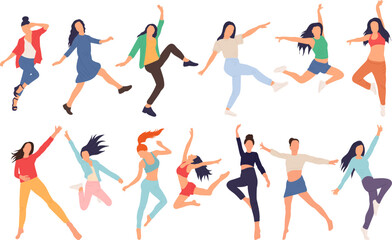 women jump, rejoice in flat style, isolated, vector