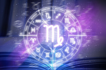 Virgo zodiac sign. Virgo icon on blue space background. Zodiac circle