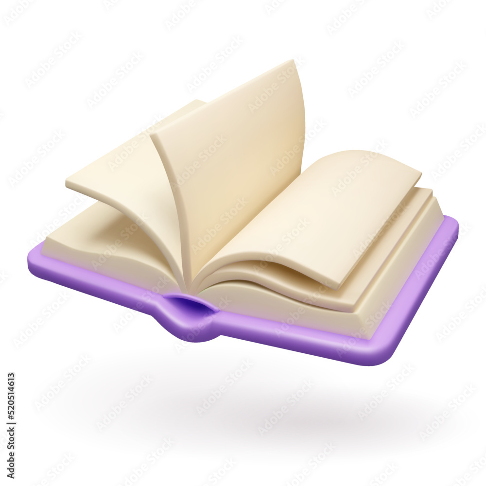 Poster 3d book icon. vector render open handbook isolated on white background. diary with blank pages, onli