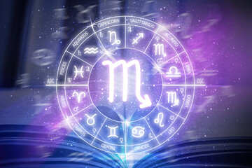 Scorpio zodiac sign. Scorpio icon on blue space background. Zodiac circle