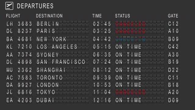 A departure board with international flights at the airport changes the status of the flight to Canceled. A scoreboard at the airport displays all flight information.