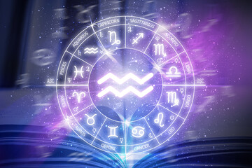 Aquarius zodiac sign. Aquarius icon on blue space background. Zodiac circle
