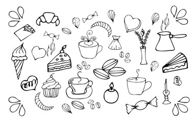 a fragrant cup of tea, coffee with cake, cookies, ice cream, macaroon cake,
dessert set, contour work, hand drawing