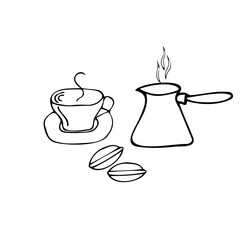 aromatic cup of tea, coffee with macaroon cake and coffee pot, outline illustration
set