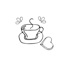 aromatic cup of tea, coffee with cake, outline illustration