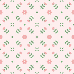 Seamless pattern of pink flowers and leaves.