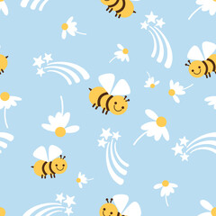 Seamless pattern with daisy flower, bee cartoons and stars on blue background vector. Cute childish print.