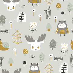 Seamless forest pattern with bear, moose, owl, snail and forest elements . Creative modern woodland texture for fabric, wrapping, textile, wallpaper, apparel. Vector illustration