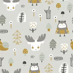 Wall murals Fox Seamless forest pattern with bear, moose, owl, snail and forest elements . Creative modern woodland texture for fabric, wrapping, textile, wallpaper, apparel. Vector illustration