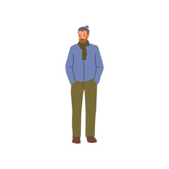 Man in fashion winter cloth isolated cartoon character. Modern caucasian male in hat and scarf, casual jacket standing, full length portrait vector illustration