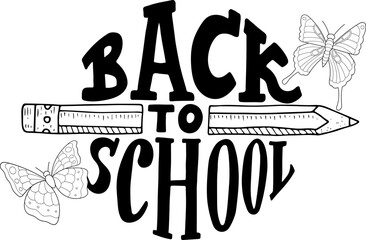 Hand drawn text back to school decorated with butterflies. Vector illustration, doodle style.