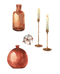 Autumn home decor, candles, vase, bottle, watercolor illustration