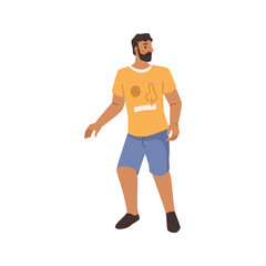 Bearded man in summer cloth isolated flat cartoon character. Vector handsome guy in yellow t-shirt and blue shorts, father on walk. Stylish dad on vacation
