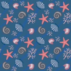 seamless pattern on a marine theme, seashells and starfish