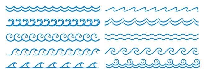 Sea wave line, blue water pattern borders and frames, vector ocean surf ripples. Wave and wavy line separators with tide ripples, zigzag curves and curls, linear boarders and frames or borders - obrazy, fototapety, plakaty