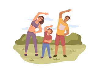 Family doing gymnastics together outdoors. Vector kid and parent exercising in park, fitness training activity. Mother, father and daughter stretching hand