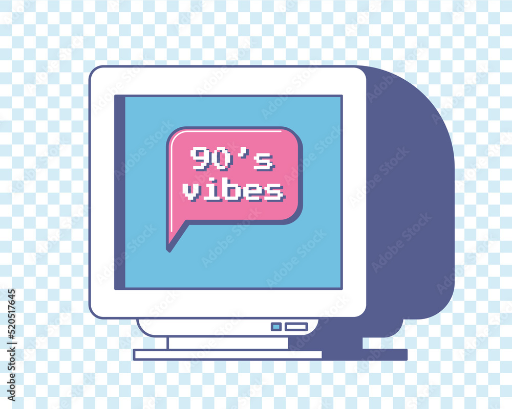 Fototapete Cute vintage retro computer monitor with a speech bubble on screen. Words - 90s vibes. Nostalgic aesthetics of an old computer. Vector illustration on a blue checkered background
