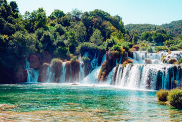 Beautiful waterfall in Krka National Park. Skradinski Buk, Dalmatia, Croatia