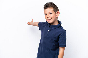 Little caucasian boy isolated on white background extending hands to the side for inviting to come