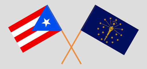 Crossed flags of Puerto Rico and the State of Indiana. Official colors. Correct proportion
