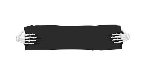 Bones of skeleton or zombie hands with black banners or tombstone stone plate in arms isolated cartoon creepy Halloween monster grabs. Vector dead human fingers with talons holding gravestone